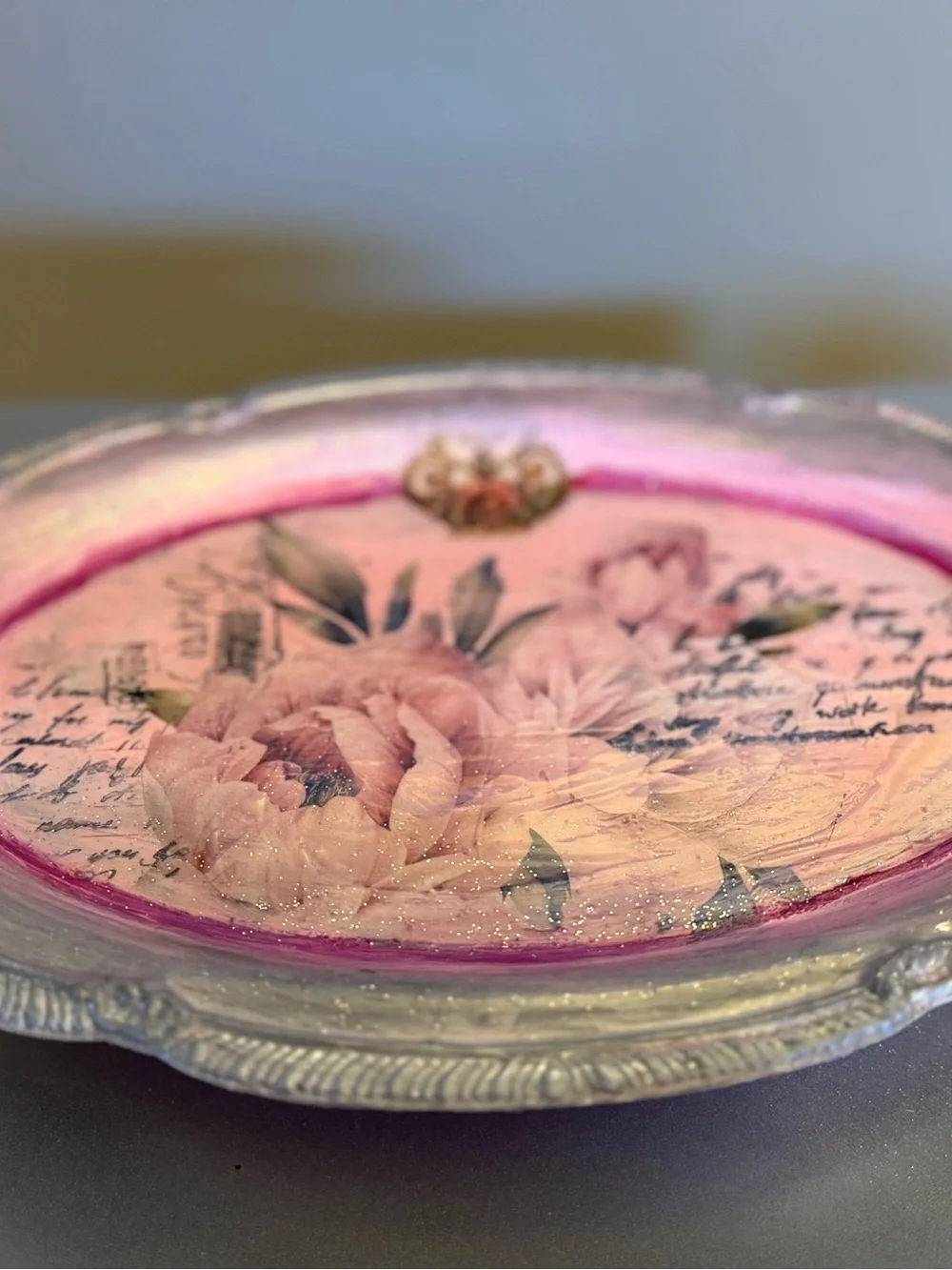 Pink Floral Oval Decorative Tray with Silver Border